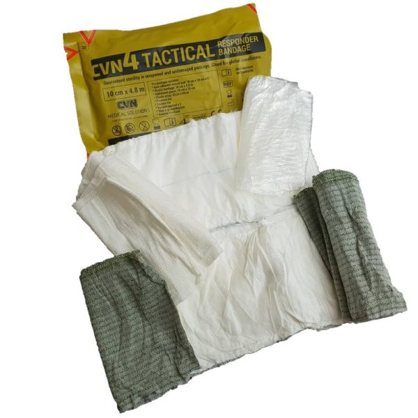 Acil Travma Elastik Bandajı (israil Bandajı) Kiti -(10×17 Cm)İç içe 2 vakumlu ambalaj içinde steril, vakum paketli bir kapta elastik bandaj, dış yara sarma ve pnömatik olmayan turnıke kombinasyonu; bandaj c/o dört parça: dokumamış, yüksek yoğunluklu polietilen, pamuk ve polielenden oluşan yapışkan olmayan bir yara